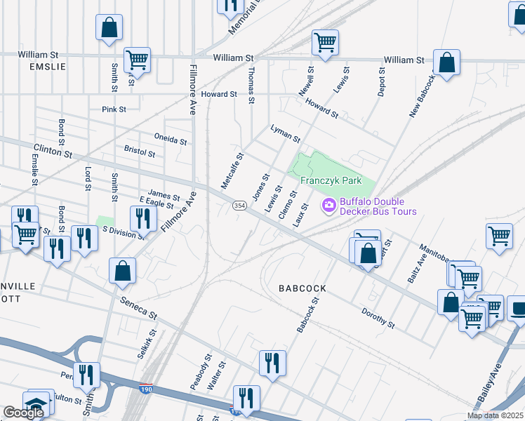 map of restaurants, bars, coffee shops, grocery stores, and more near 1074 Clinton Street in Buffalo