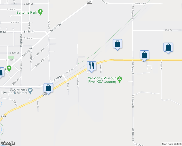 map of restaurants, bars, coffee shops, grocery stores, and more near South Dakota 50 in Yankton