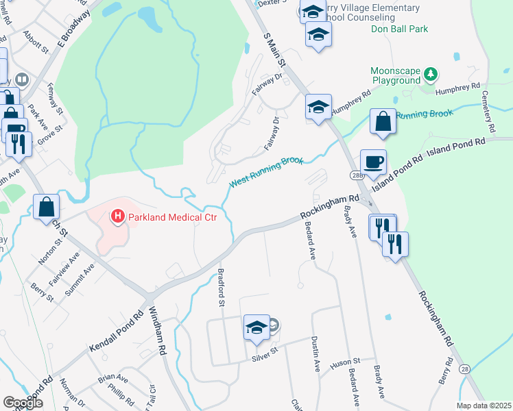 map of restaurants, bars, coffee shops, grocery stores, and more near 74 Rockingham Road in Derry