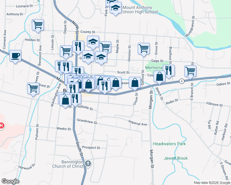 map of restaurants, bars, coffee shops, grocery stores, and more near 230 Union Street in Bennington