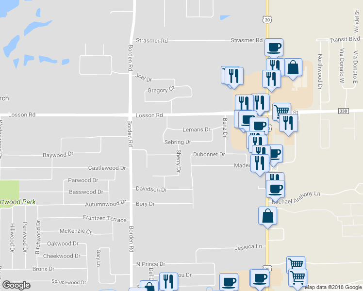 map of restaurants, bars, coffee shops, grocery stores, and more near 72 Sebring Drive in Depew