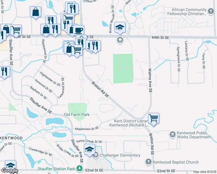 map of restaurants, bars, coffee shops, grocery stores, and more near 4433 South Breton Court Southeast in Kentwood