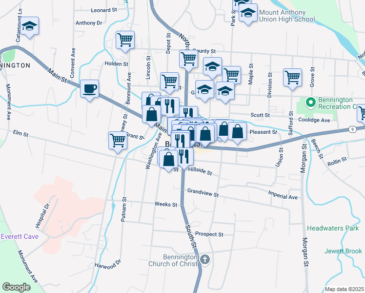 map of restaurants, bars, coffee shops, grocery stores, and more near in Bennington