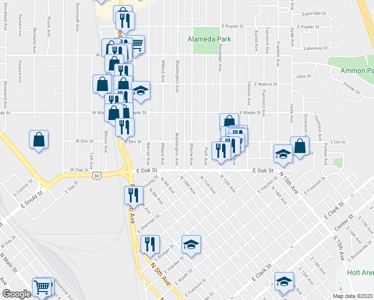 map of restaurants, bars, coffee shops, grocery stores, and more near 128 Washington Avenue in Pocatello