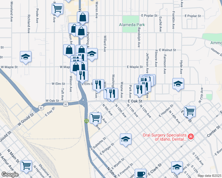 map of restaurants, bars, coffee shops, grocery stores, and more near 408 East Oak Street in Pocatello