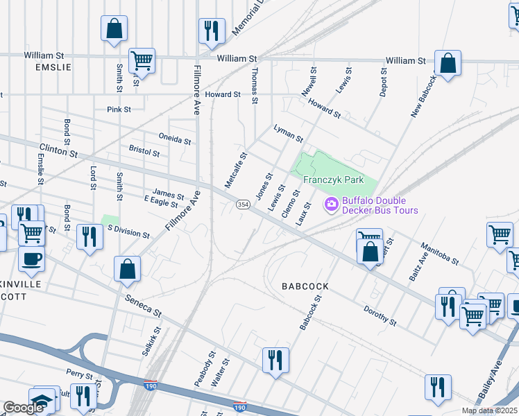 map of restaurants, bars, coffee shops, grocery stores, and more near 1074 Clinton Street in Buffalo