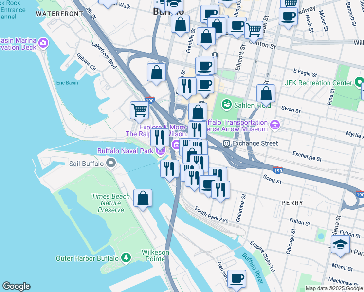 map of restaurants, bars, coffee shops, grocery stores, and more near in Buffalo