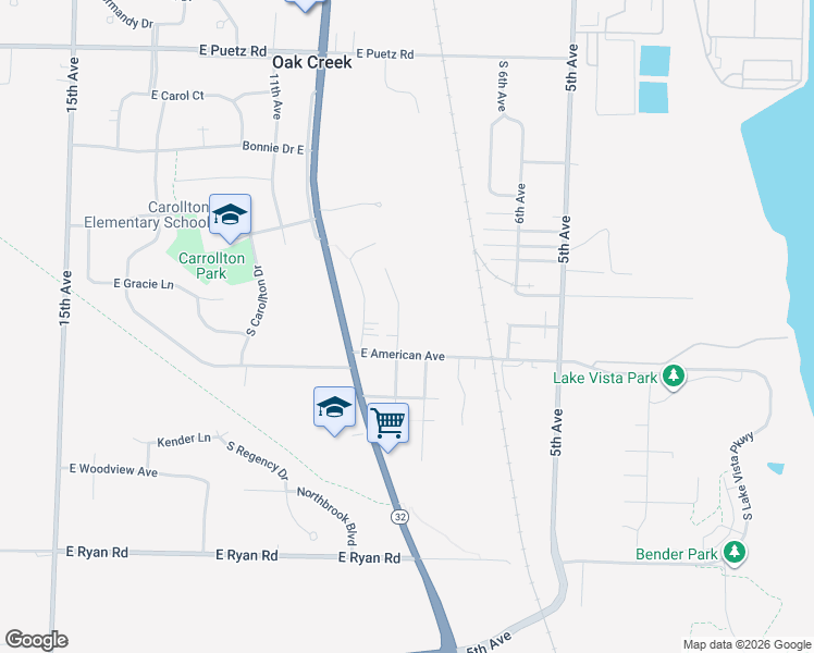 map of restaurants, bars, coffee shops, grocery stores, and more near 3758 East American Avenue in Oak Creek
