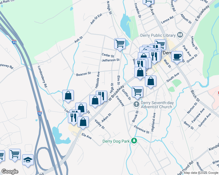 map of restaurants, bars, coffee shops, grocery stores, and more near 55 West Broadway in Derry