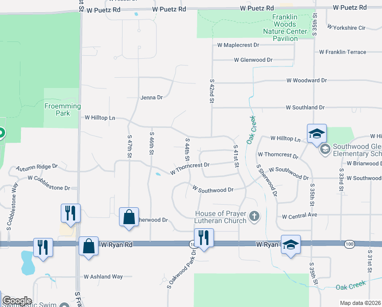 map of restaurants, bars, coffee shops, grocery stores, and more near 4500 West Thorncrest Drive in Franklin