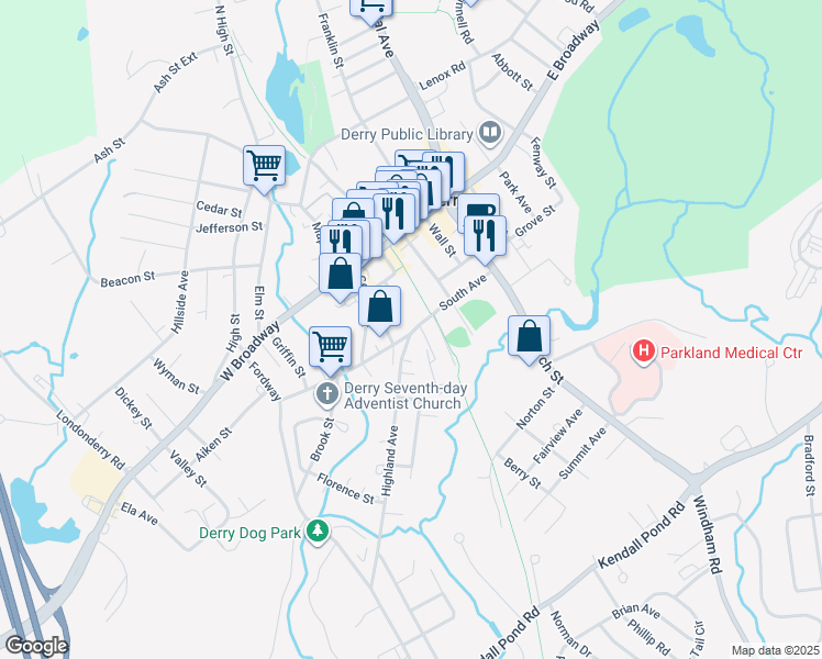 map of restaurants, bars, coffee shops, grocery stores, and more near 3 Nutfield Court in Derry