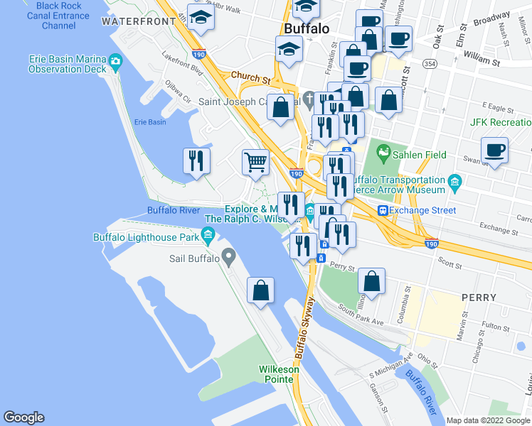 map of restaurants, bars, coffee shops, grocery stores, and more near 55 Marine Drive in Buffalo