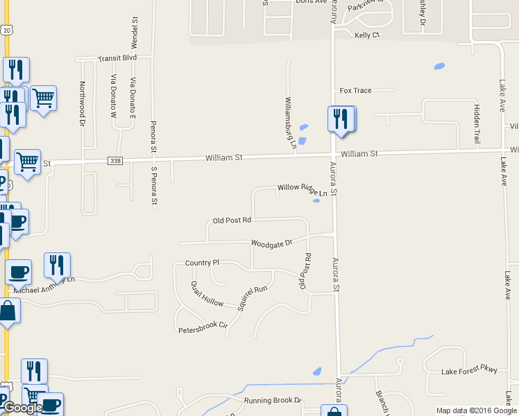 map of restaurants, bars, coffee shops, grocery stores, and more near 36 Willow Ridge Lane in Lancaster