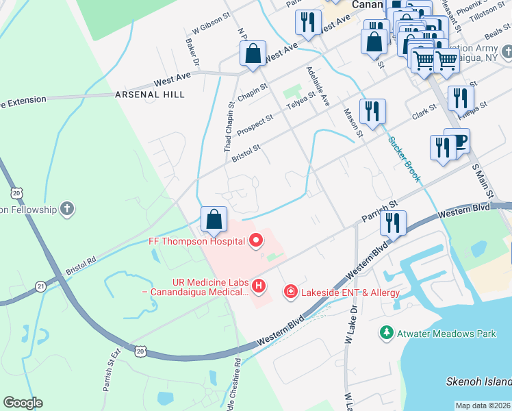map of restaurants, bars, coffee shops, grocery stores, and more near 100 Grove Drive in Canandaigua