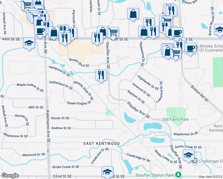 map of restaurants, bars, coffee shops, grocery stores, and more near 4692 Stauffer Avenue Southeast in Kentwood