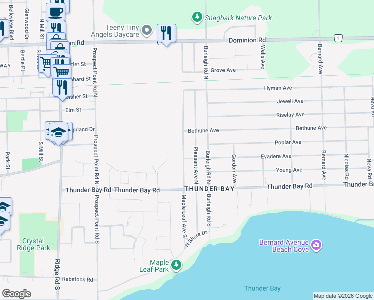 map of restaurants, bars, coffee shops, grocery stores, and more near 130 Maple Leaf Avenue North in Fort Erie