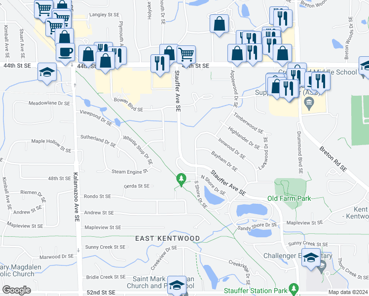 map of restaurants, bars, coffee shops, grocery stores, and more near 4690 Stauffer Avenue Southeast in Kentwood