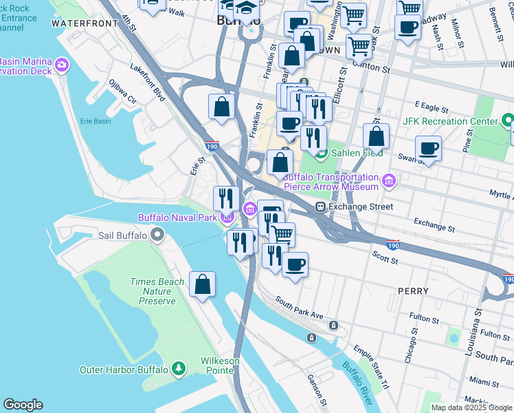 map of restaurants, bars, coffee shops, grocery stores, and more near 130 Main Street in Buffalo