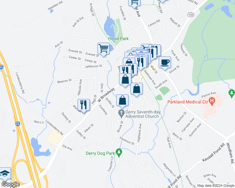 map of restaurants, bars, coffee shops, grocery stores, and more near 52 West Broadway in Derry