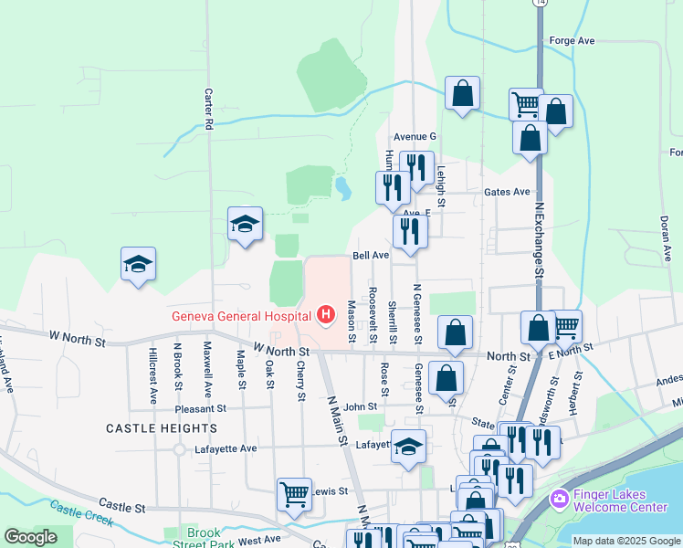 map of restaurants, bars, coffee shops, grocery stores, and more near 92 Mason Street in Geneva