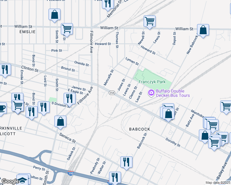 map of restaurants, bars, coffee shops, grocery stores, and more near 30 Jones Street in Buffalo
