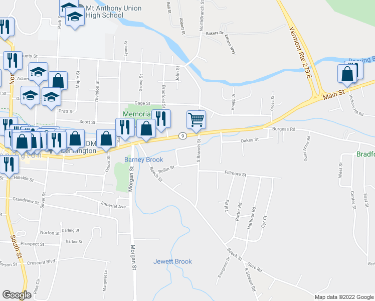 map of restaurants, bars, coffee shops, grocery stores, and more near 137 Webb Street in Bennington
