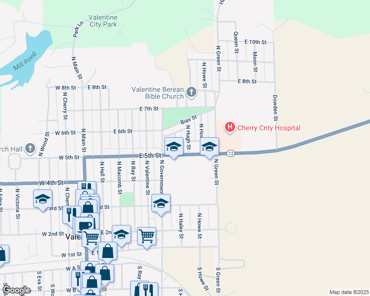 map of restaurants, bars, coffee shops, grocery stores, and more near 539-575 North Hugh Street in Valentine