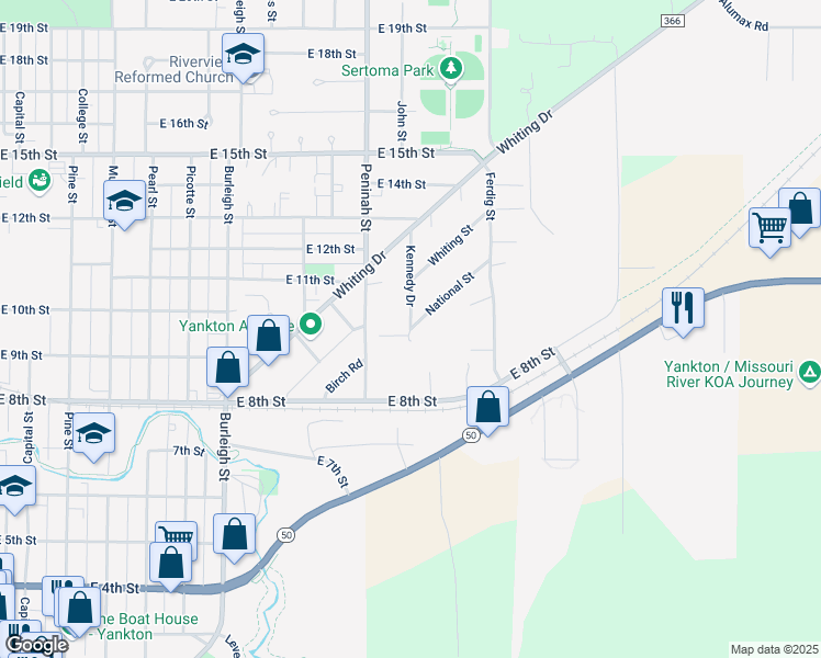map of restaurants, bars, coffee shops, grocery stores, and more near 1000 Kennedy Drive in Yankton