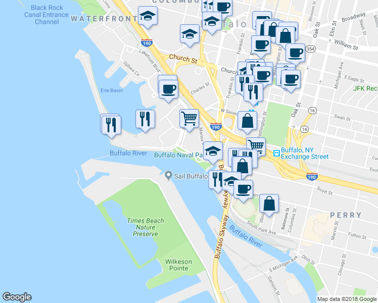 map of restaurants, bars, coffee shops, grocery stores, and more near 74 Marine Drive in Buffalo