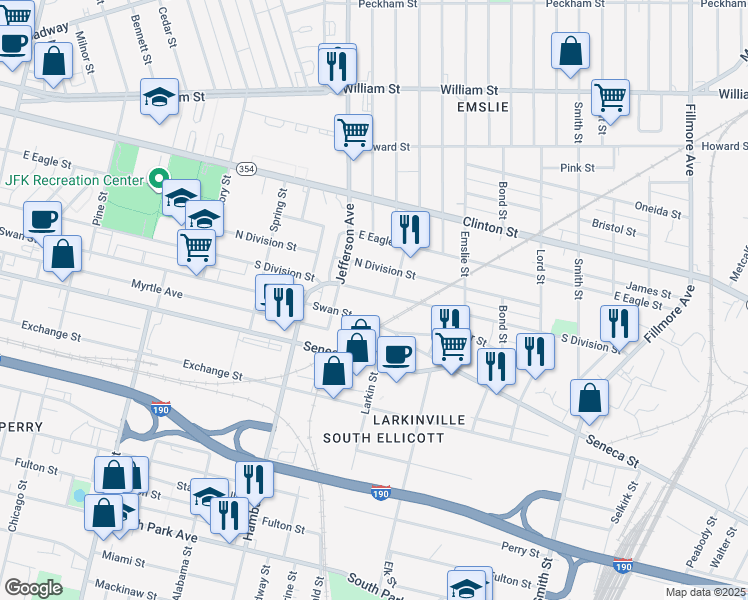 map of restaurants, bars, coffee shops, grocery stores, and more near 590 South Division Street in Buffalo