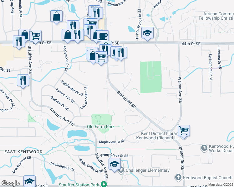 map of restaurants, bars, coffee shops, grocery stores, and more near 4705 North Breton Court Southeast in Grand Rapids