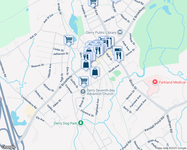 map of restaurants, bars, coffee shops, grocery stores, and more near 1 Sawyer Court in Derry