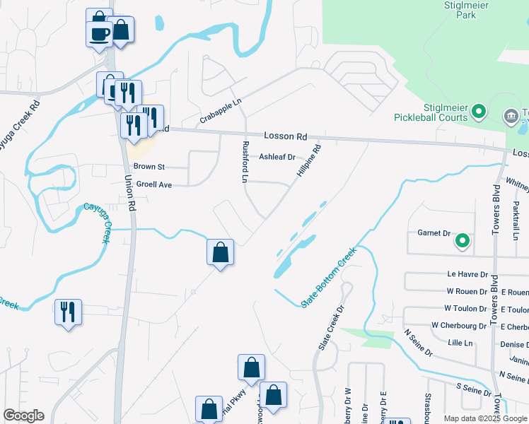 map of restaurants, bars, coffee shops, grocery stores, and more near 63 Rushford Lane in Buffalo