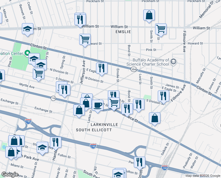 map of restaurants, bars, coffee shops, grocery stores, and more near 664 North Division Street in Buffalo