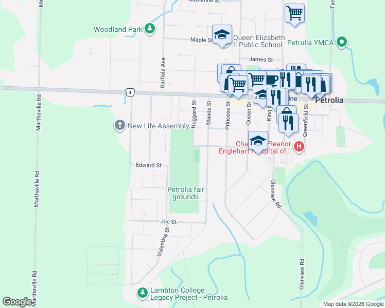 map of restaurants, bars, coffee shops, grocery stores, and more near 4065 Dufferin Avenue in Petrolia