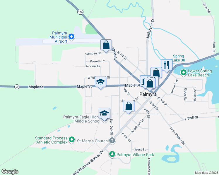 map of restaurants, bars, coffee shops, grocery stores, and more near 526 Maple Street in Palmyra
