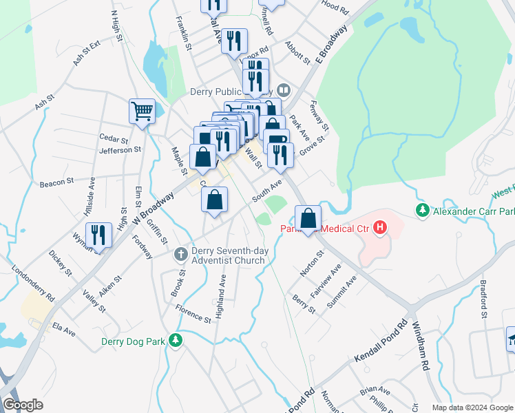 map of restaurants, bars, coffee shops, grocery stores, and more near 6 South Avenue in Derry