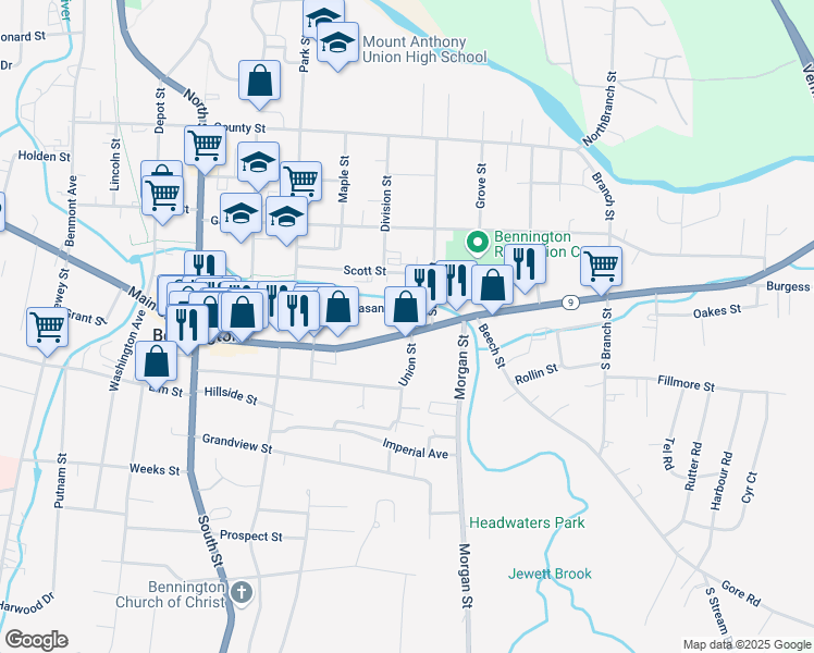 map of restaurants, bars, coffee shops, grocery stores, and more near 330 Pleasant Street in Bennington