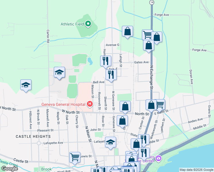 map of restaurants, bars, coffee shops, grocery stores, and more near 99 Wilbur Avenue in Geneva