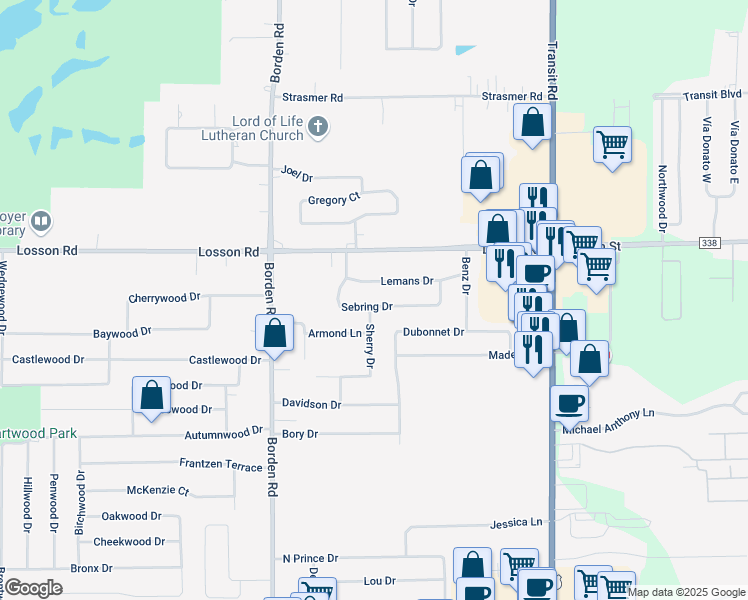 map of restaurants, bars, coffee shops, grocery stores, and more near 13 Lemans Drive in Depew