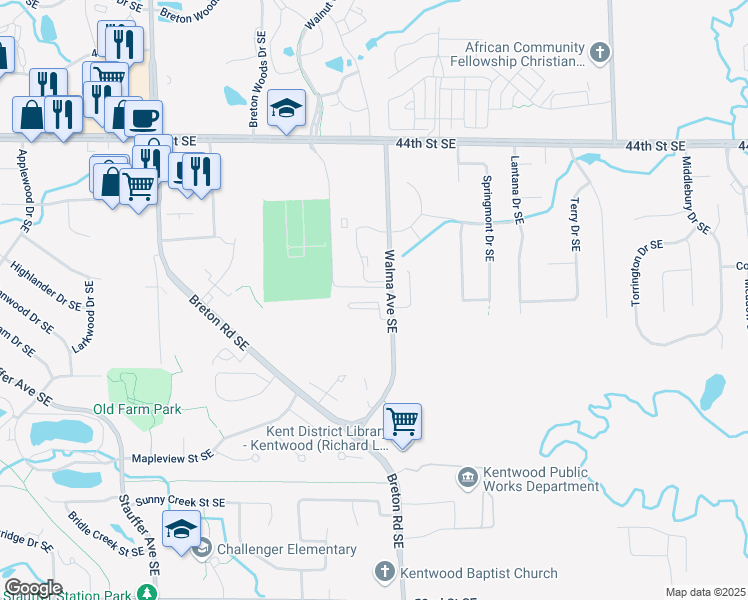 map of restaurants, bars, coffee shops, grocery stores, and more near 4711 Walma Avenue Southeast in Grand Rapids