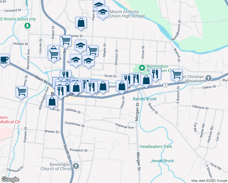 map of restaurants, bars, coffee shops, grocery stores, and more near 650 Main Street in Bennington