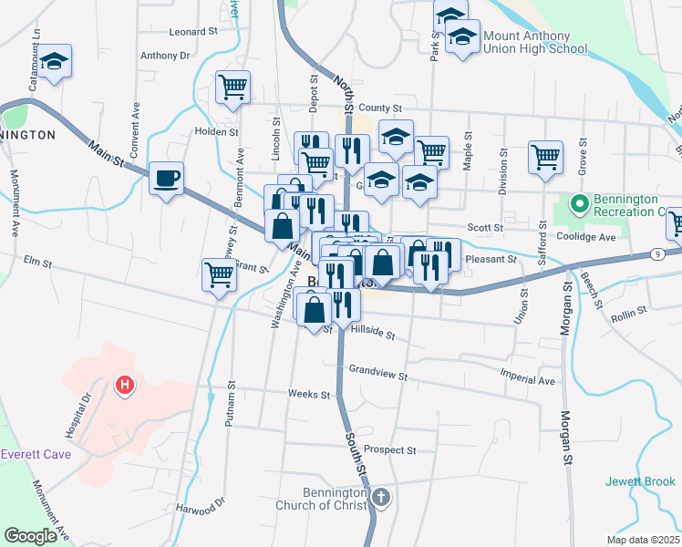 map of restaurants, bars, coffee shops, grocery stores, and more near in Bennington