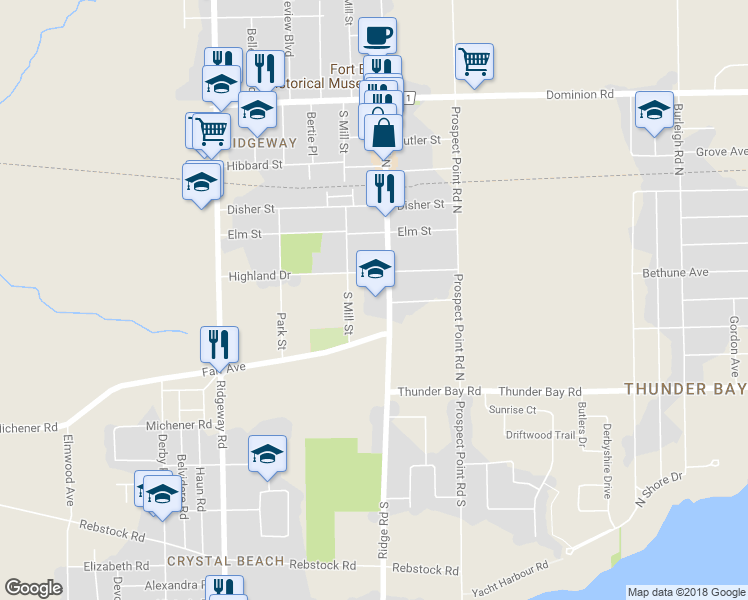 map of restaurants, bars, coffee shops, grocery stores, and more near 150 Ridge Road North in Fort Erie