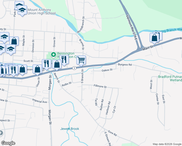 map of restaurants, bars, coffee shops, grocery stores, and more near 3 Rockwood Street in Bennington