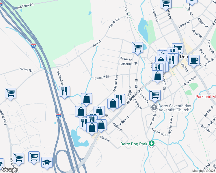map of restaurants, bars, coffee shops, grocery stores, and more near 5 Holmes Court in Derry