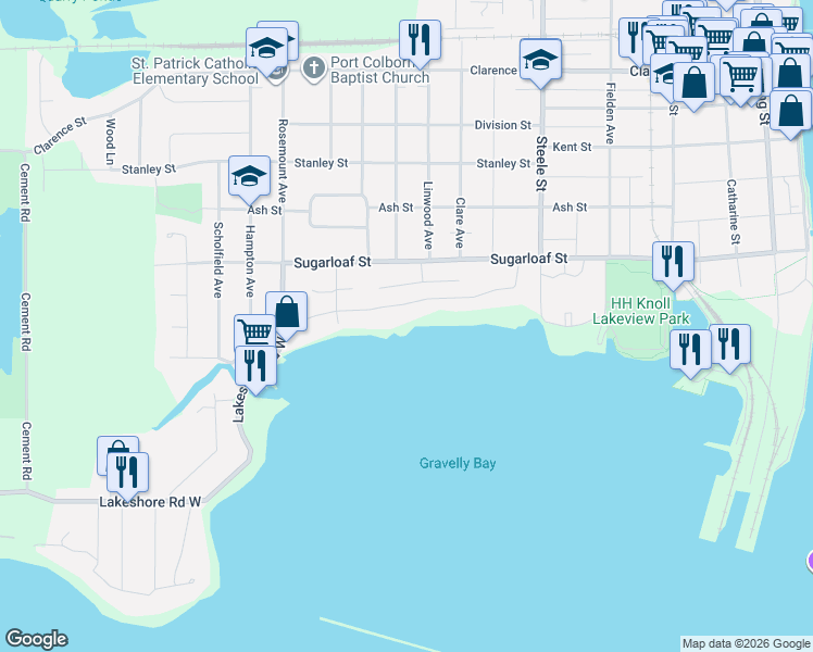 map of restaurants, bars, coffee shops, grocery stores, and more near 109 Tennessee Avenue in Port Colborne