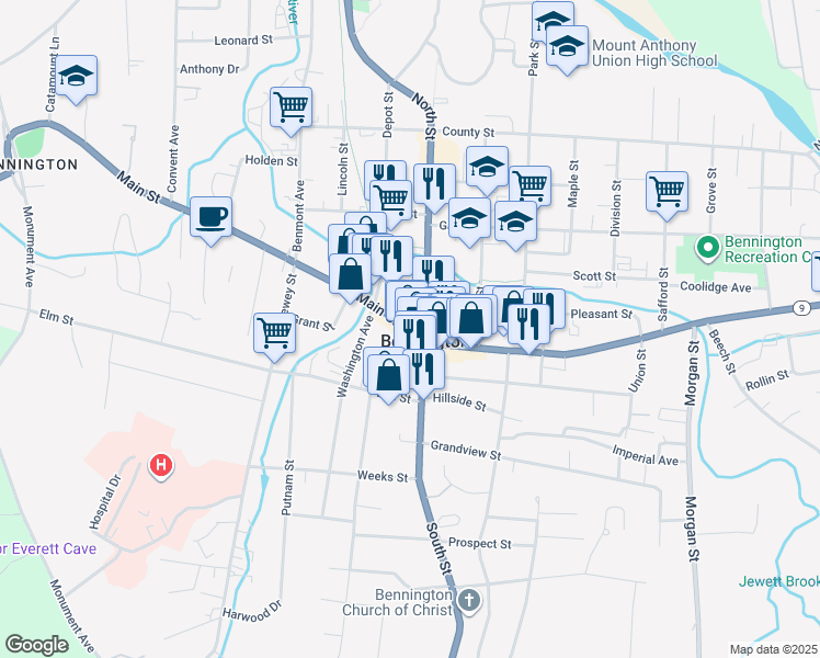 map of restaurants, bars, coffee shops, grocery stores, and more near in Bennington