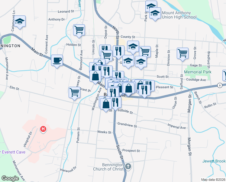 map of restaurants, bars, coffee shops, grocery stores, and more near 334 Main Street in Bennington