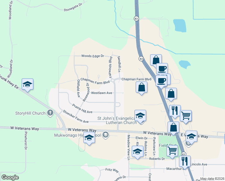 map of restaurants, bars, coffee shops, grocery stores, and more near 604 Westlawn Avenue in Mukwonago